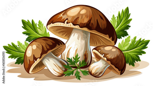 Fresh brown and white mushrooms with delicate green parsley leaves displayed elegantly on beige background, macro food photography capturing texture, natural details, vibrant freshness, perfectly isol