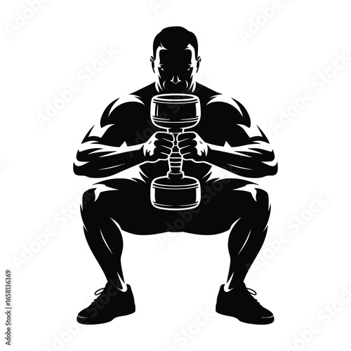 Silhouette of muscular person squatting with dumbbell held vertically at chest level, illustrating strength, posture, and fitness technique