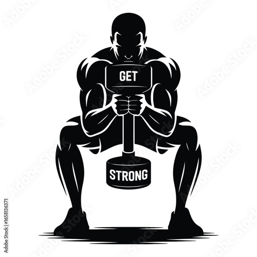 Stylized silhouette of muscular person squatting with large dumbbell labeled “GET STRONG,” symbolizing fitness, power, and determination