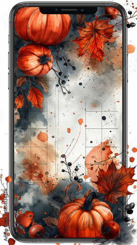 Autumn Planner Layout for Smartphone with Pumpkins and Watercolor Leaves
