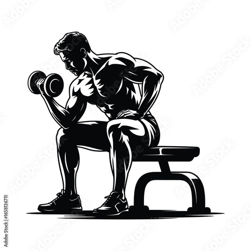 Black and white illustration of muscular person seated on bench performing bicep curl with dumbbell, emphasizing strength and muscle definition
