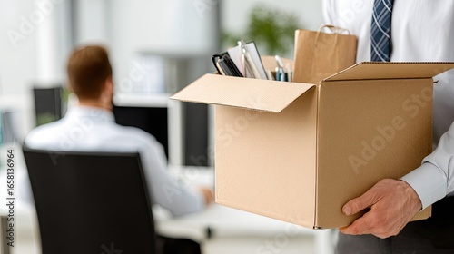 Cardboard box filled with office supplies held by a person.
