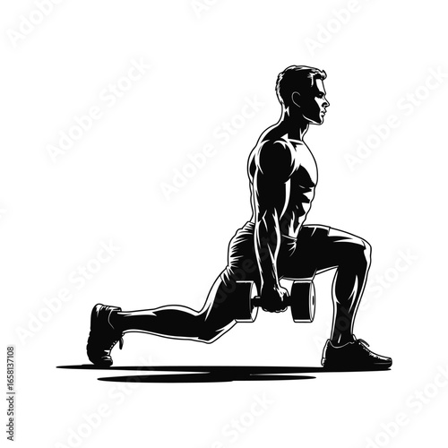 Stylized silhouette of muscular person performing side-profile lunge with dumbbells, emphasizing lower body strength and exercise form