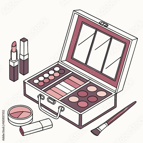 Cosmetic case with makeup products and beauty accessories