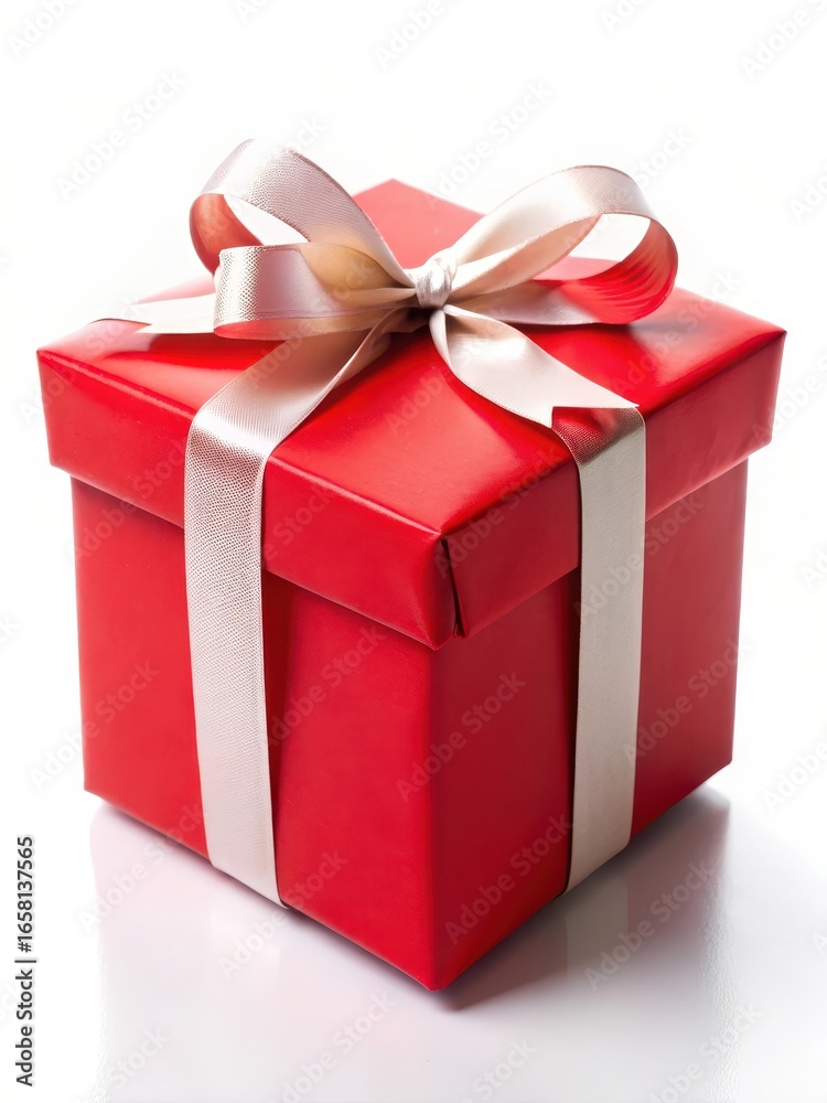 Obraz premium Red package with label on a plain white background