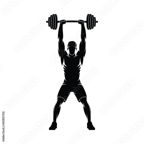 Silhouette of person performing overhead barbell press, standing with arms fully extended and legs apart, illustrating strength and control