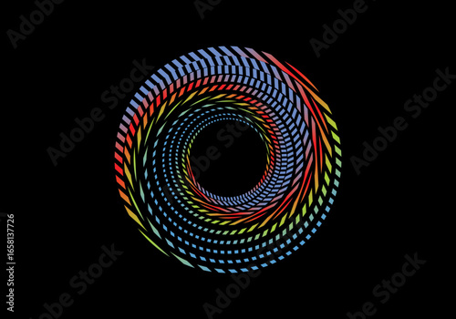 Vector background of rotating elliptical 3D shapes, consisting of a pattern of squares and wavy lines with colorful gradations.