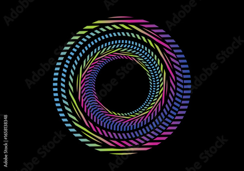 Vector background of rotating elliptical 3D shapes, consisting of a pattern of squares and wavy lines with colorful gradations.