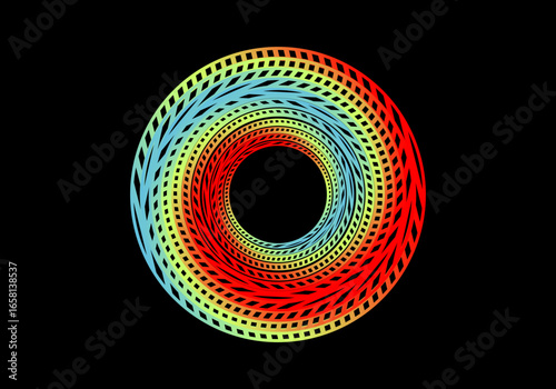 Vector background of rotating elliptical 3D shapes, consisting of a pattern of squares and wavy lines with colorful gradations.