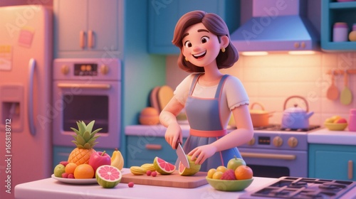 3D cartoon illustration of a happy woman cooking in a cozy pastel kitchen. Concept of healthy lifestyle, wellness, home food preparation and nutrition.