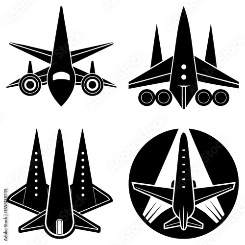Four black and white stylized airplane illustrations in various views and designs shown together