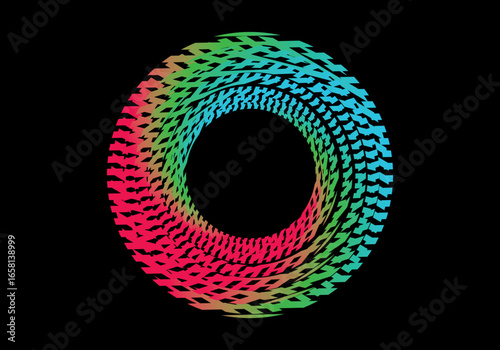 Vector background of rotating elliptical 3D shapes, consisting of a pattern of squares and wavy lines with colorful gradations.