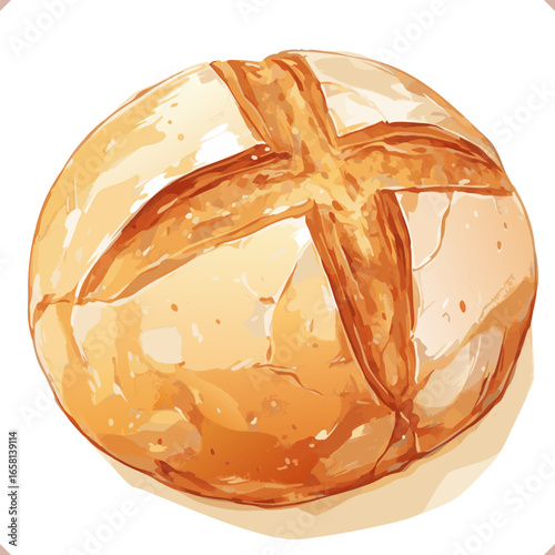 Vector flat illustration of a fresh loaf of bread with crusty golden top, isolated on white background