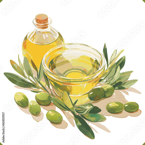 Vector illustration of olive oil in a glass bottle with green olives and green leaves. Vector illustration of olive oil on white background