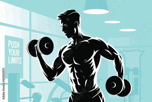 Stylized illustration of muscular person performing bicep curl with dumbbells in gym, with motivational poster and equipment in background