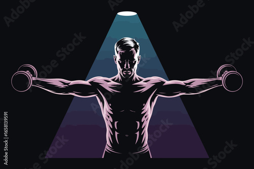 Stylized illustration of muscular person holding dumbbells with arms extended, spotlighted against dark gradient background with dramatic shadows