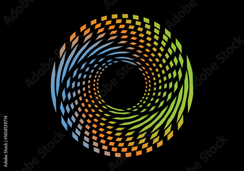 Vector background of rotating elliptical 3D shapes, consisting of a pattern of squares and wavy lines with colorful gradations.