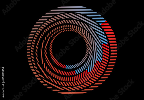 Vector background of rotating elliptical 3D shapes, consisting of a pattern of squares and wavy lines with colorful gradations.