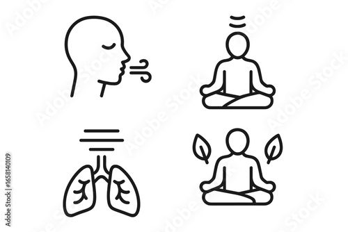 Breathing meditation line icon set. Mental health concept. Lungs and breathwork. Yoga pose for mindfulness and calm. Wellness and relaxation symbols. Outline vector pictogram.
