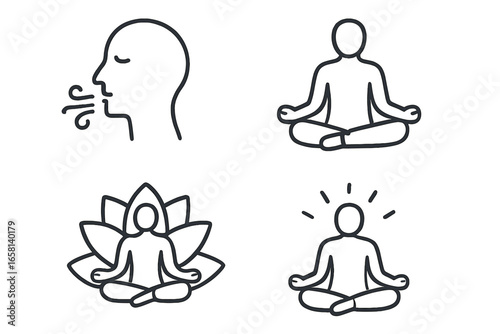 Mindfulness and meditation linear icons set. Yoga pose and breathing exercise symbols. Wellness, zen, calm, spiritual harmony concepts. Vector pictograms for mental health design.