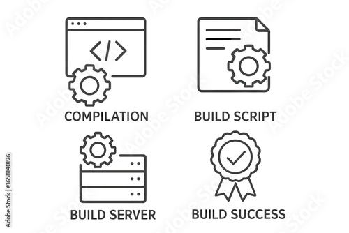 Build automation outline icon set. Software development process symbols. Vector compilation, build script, server, and success badge icons for CI/CD, DevOps concepts.