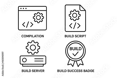 Build automation outline icon set for software development. Vector icons for compilation, build script, build server, and success badge. DevOps, CI/CD, and coding concepts.