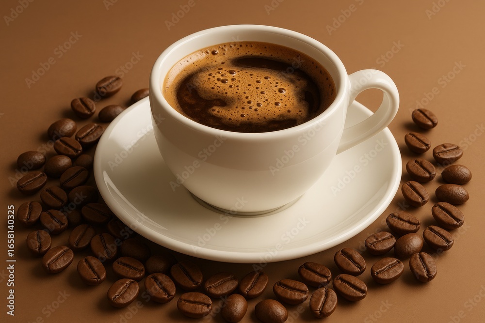 Fototapeta premium Freshly brewed coffee with golden crema resting in white porcelain cup, surrounded by roasted coffee beans on warm brown surface, evoking rich aromatic atmosphere