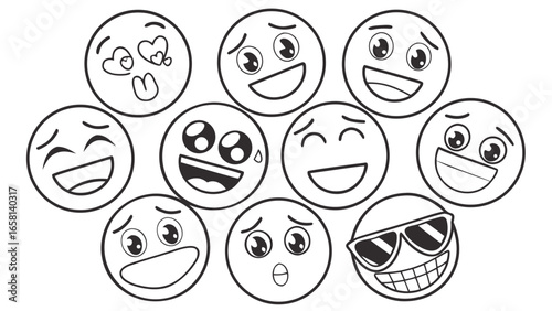 A collection of black and white cartoon emoji faces expressing various emotions like happiness laughter surprise and coolness