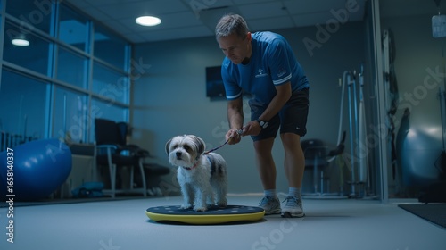Dog Fitness Training: Pet Balance Exercise with Trainer in Gym Setting
