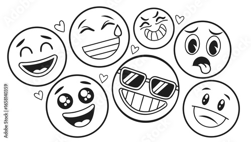 A collection of diverse black and white outline emoji faces expressing various emotions like laughter joy surprise and coolness