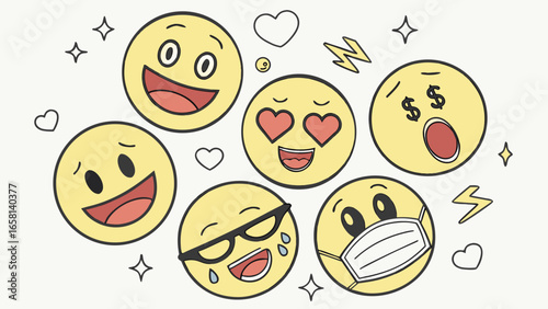 A collection of diverse and expressive emoji faces with various emotions including love laughter wealth and sickness surrounded by decorative elements