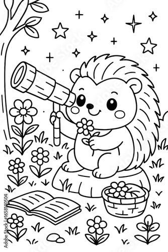 Adorable hedgehog stargazing with a telescope in nature illustration