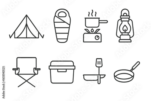 Camping gear equipment icon set. Vector outline symbols for outdoor adventure and travel. Includes tent, sleeping bag, camp stove, lantern, folding chair, cooler, cooking items.