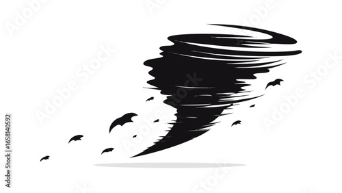 A stylized black and white illustration of a powerful tornado with debris swirling around it against a dark background