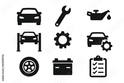 Auto mechanic service icons set. Car repair symbols for garage, maintenance tools, oil change, gear, battery, tire rotation, checklist, inspection. Black vehicle diagnostics vector illustration