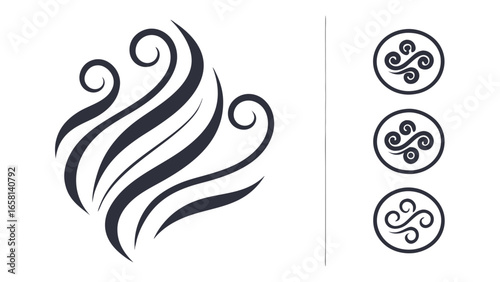 Abstract dark grey swirling wave patterns and circular celtic knot style symbols on a white background