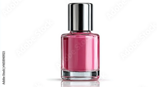 Pink nail polish bottle with metallic cap on white background, close-up product shot.
