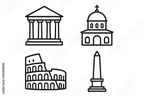 Rome landmarks icon set. Ancient Roman architecture collection. Colosseum, Pantheon, church and obelisk line icons. Italy travel and tourism vector symbols for history museum.