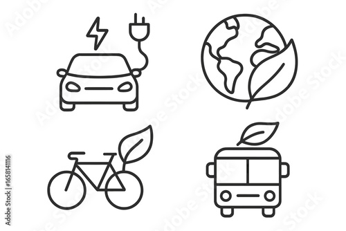 Eco friendly transport line icon set. Sustainable travel outline symbols. Electric car, green energy bus, bicycle and planet earth with leaf vector pictogram collection.