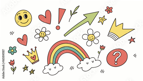 Collection of cheerful hand drawn doodles featuring a smiling emoji hearts flowers crowns a rainbow and an upward trending arrow