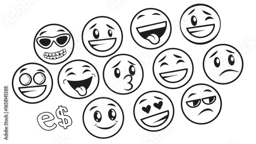 Collection of diverse cartoon emoji faces expressing various emotions like happiness laughter love and sadness with a stylized e dollar symbol