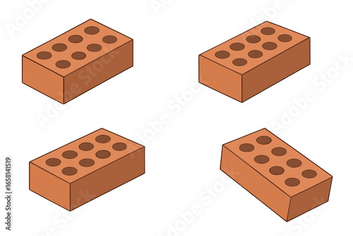Realistic Brick Set Vector Illustration, Four Isometric Clay Construction Blocks, Building Material, Red Brick Icon, Isolated Architectural Element, Masonry Concept, Transparent Background