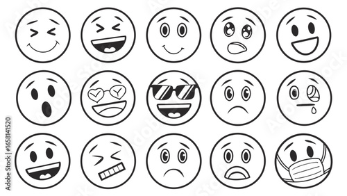 Collection of fifteen distinct black and white emoji faces expressing a variety of emotions and moods