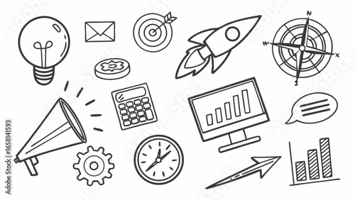 Collection of hand drawn business and finance icons including a lightbulb envelope target rocket compass calculator computer graph speech bubble clock gear and megaphone