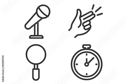 Slam poetry competition outline icon set. Spoken word performance symbols. Open mic night vector elements. Microphone, snapping fingers applause, judge paddle, and timer clock.