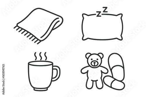 Sleepy time outline icon set. Bedtime routine symbols for comfort and relaxation. Cozy blanket, plush pillow, warm drink mug, teddy bear, and slippers. Minimal vector symbols.