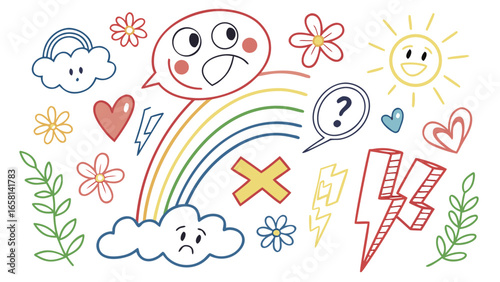 Collection of hand drawn doodle icons featuring a rainbow clouds sun hearts flowers lightning bolts and question mark on white background