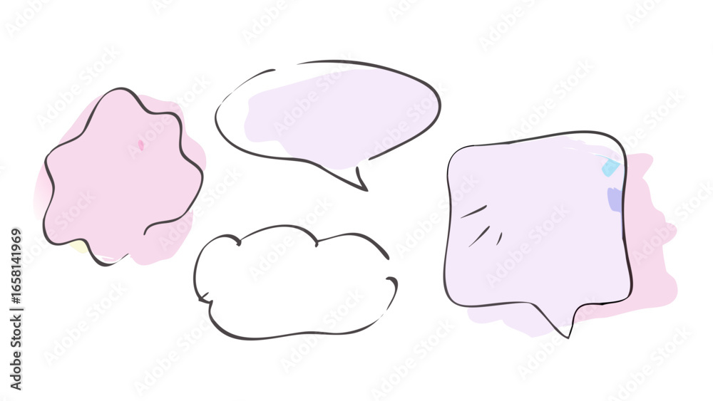 Fototapeta premium Collection of hand drawn pastel colored speech bubbles and thought clouds with black outlines on a black background