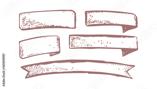 Collection of hand drawn sketchy banners and ribbons with textured fill in white and dark brown on black background