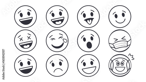 Collection of twelve diverse outline emoji faces expressing various emotions and actions against a clean white background